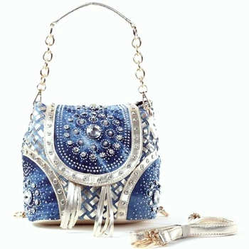 Многофункционален деним раница, мини-красиви дънкови чанти за жени, чанта на рамото, лъскава чанта с кристали и диаманти