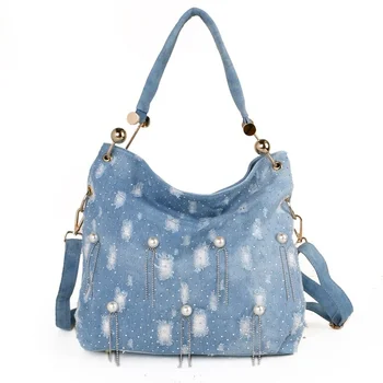 Модерен дамски чанта от плат деним с перли, по-голямата голям деним чанта-тоут, чанта през рамо