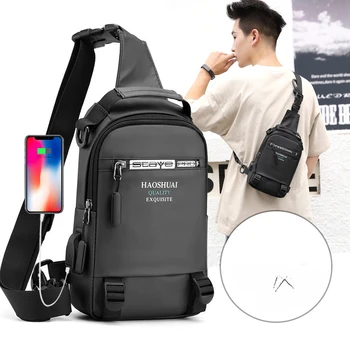 Модерен мъжки нагрудная чанта за активна почивка, спортна чанта за мобилен телефон с USB зареждане, чанти през рамо