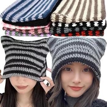 Модерна шапка-бини Y2K, вязаная вълнена шапка Ins Little Devil в ивица, есенно-зимни дамски шапки, пуловер с остри кошачьими уши, дамски шапки