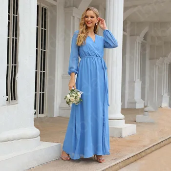 Модерни прости скай-сини рокли за майката на булката рокля за майката с дълги ръкави, рокли сватба за гости с цепка отстрани, шифоновый колан с лък