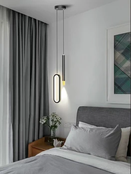 Модерният домашен интериор, блясък, минималистичная led полилей, висящи лампи, нощно шкафче за спалня в скандинавски стил, окачена лампа с дълга линия осветление