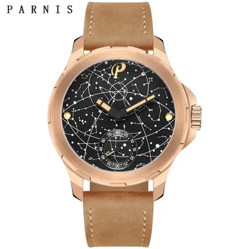 Модни луксозни часовници Parnis с корпус от розово злато 44 мм, светещи мъжки часовници, сапфирен кристал, механични ръчни часовници с ръчно завода за мъже