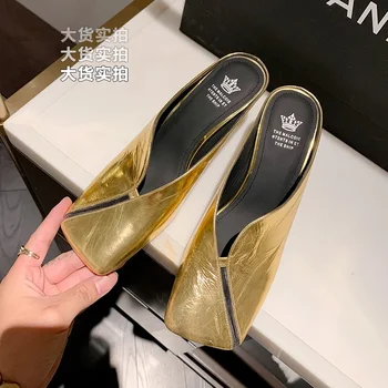 Модни маркови дизайнерски дамски чехли с квадратни пръсти, улични летни сандали 2023, дамски елегантни обувки-чехли на висок ток