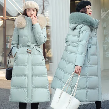 Модно памучно палто с голям кожа яка, дамско дълго зимно яке 2023, ветроупорен памучни паркове с качулка, дамски якета с цип