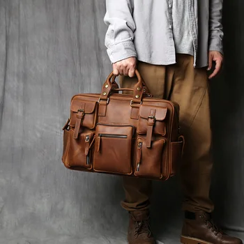 мъжка кожена чанта в стил ретро портфейл от телешка кожа, пътна чанта-голям капацитет, кожена чанта за лаптоп Crazy Horse, чанта на рамото