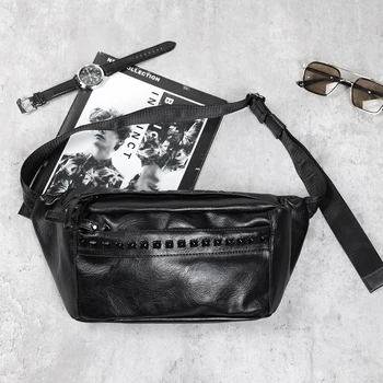 Мъжка чанта от висококачествена естествена кожа ежедневни скута чанти за мъже Скута чанта с цип с нитове Черна кожена нагрудная чанта мъжки поясная чанта на открито