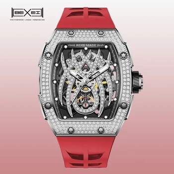 Мъжки автоматични механични часовници BEXEI, инкрустиран цирконий, луксозен, сапфир във формата на бъчва, нажежен, водоустойчив, 80 часа, мощност 9163