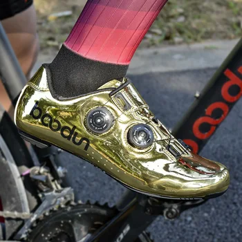Мъжки И дамски карбоновая обувки за шоссейного колоезденето Златни дишащи обувки от микрофибър с двойна дръжка и катарама за шоссейного под наем, обувки с велосипеди заключване