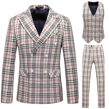 Мъжки костюм на райета, висококачествен джентълменско двубортный блейзър, комплект от 3 теми, оборудвана сватбен мъжки сако, яке, палто, панталони, жилетка