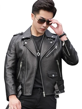 Мъжки луксозни дрехи с цип дълъг ръкав, по-големи размери, 5xl, Нерадзурри, пролет-есен, на хладно къс байкерская мотоциклетът яке от изкуствена кожа черен на цвят