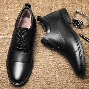Мъжки модел обувки, зимни плюшен официалната обувки от естествена кожа, мъжки обувки-oxfords голям размер 37-47 за мъже, мода офис обувки за мъже