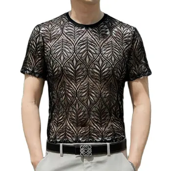 Мъжки секси прозрачни ризи с шарени листа, вечерни тениски за нощен клуб, мрежести тениски с изрезки, модерни, прозрачни блузи с цветен модел, Homme