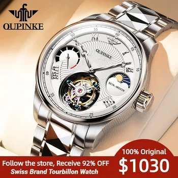 Мъжки часовник с механизъм OUPINKE Tourbillon, швейцария висок клас марка, вольфрамовая стомана, сапфирен огледало, автоматичен механичен мъжки часовник