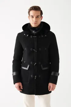 Мъжко черно дълго палто от кожа на кожа, зимни водене жив топлина класическа яке от естествена овча кожа, нов сезон, елегантни дизайнерски дрехи с качулка