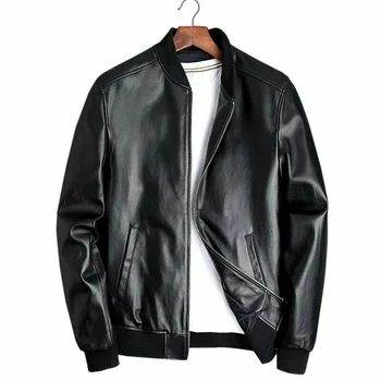 Мъжко черно яке от изкуствена кожа, мотоциклетът яке-бомбер, кожено черно яке приталенная