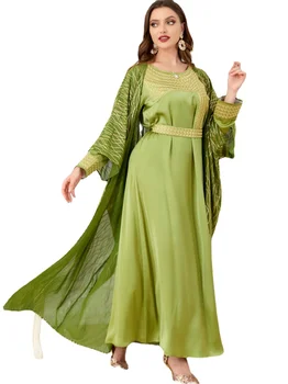 Мюсюлманска мода, шикозни и елегантни, луксозни дамски 2023 дълги рокли с кръгло деколте, комплекти от 2 теми, кафтан с бродерия и колан, Рамадан