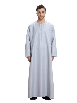 Мюсюлмански мъжки монофонични роба с дълъг ръкав и кръгла яка, копчета, арабски мъжки халат за баня с дължина до глезена, дрехи за Курбан Байрам