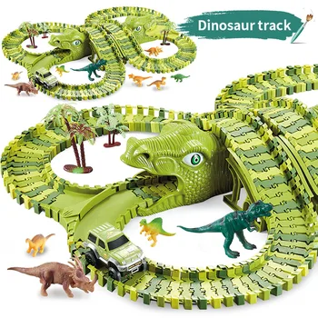 Набор от състезателни писти на динозаврите, играчки за железопътни вагони, монтаж, огъване, еластична състезателна писта, led електронна светкавица, кола играчки за деца