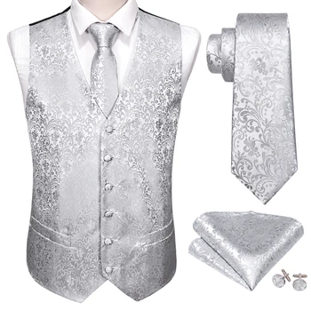 Нов сребърен мъжки сватбен костюм, жилетка, цветен жаккардовый копринена жилетка, възли жилетки, носна кърпичка, вратовръзка, жилетка от костюм, комплект Бари.Дизайн Wang