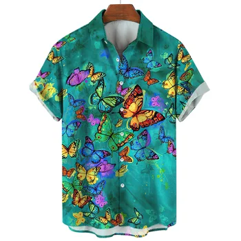 Нова мъжки хавайска риза с къс ръкав за мъже, блуза с 3D принтом пеперуди и дърво, блузи, ежедневни тениска оверсайз, мъжки дрехи