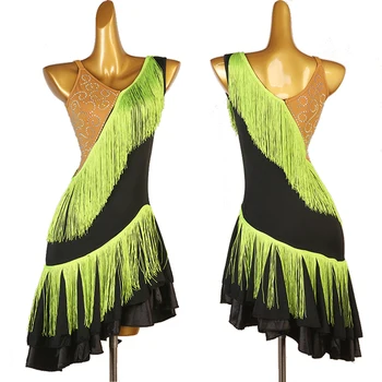 Нова рокля за латино танци за жени, възрастни, професионален рокля за Чача-танго, секси зелена рокля с пискюли, дрехи за латино танци DQL8380