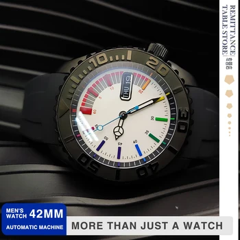 НОВИ 42 мм модифицирани часовник ЧЕРЕН калибър NH36 сапфир ДВОЕН стъклопакет SK007 МАТОВО черен корпус бял циферблат ЦВЕТНИ индекси