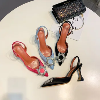 Нови дамски обувки-сандали на висок ток с кристали и цветя модел, с остри пръсти, модни дамски обувки на висок ток с цветя модел и кристали, розови