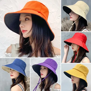 Нови есенни шапки с голяма периферия за жени, модни обикновен двустранен панама, женски преносими сгъваеми слънчеви шапки за улицата