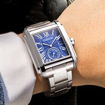 Нови модерни правоъгълни часовници мъжки ежедневни бизнес часовници CHENXI малки втората кварцов ръчен часовник с автоматично датата на мъжки водоустойчив 30 м