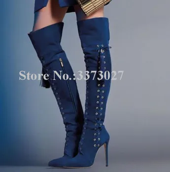 Нови сини дълги велурени ботуши с дантела отстрани, пикантни женски ботуши над коляното на висок ток с остър пръсти, с модерен дизайн, с елегантни дамски обувки
