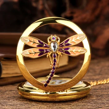 Новите златни джобни часовници, медальон, огърлица, калъф във формата на скелет, водни кончета, луксозни кристални джобен часовник с римски цифри, подарък за жени Reloj