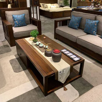 Новият китайски диван от масивно дърво, съвременни китайски прост плат, диван, комбинация, вила, модел, дом, мебели за дзен-хотел