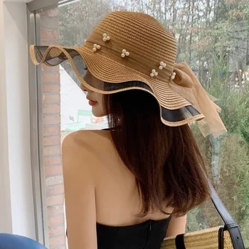 Новият корейски стил, дамски слама марлевая шапка с лък и панделки, солнцезащитная шапка с голяма периферия, лятна панама за почивка на плажа, дамска шапка-ледник