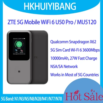 Отключени ZTE 5G Портативен WiFi U50 Pro 10000 ма 27 Вата Бързо зареждане на WiFi 6 3600 Мбитс Мобилна Точка за достъп 5G Рутер Слот за sim-карти MU5120