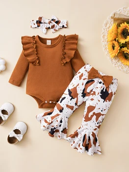 Очарователен есенно-зимния комплект дрехи за новородени момичета - гащеризон с дълги ръкави и набори, разкроена панталони, превръзка на главата и изгорени панталони от