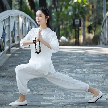 Памук лен женски костюм за практикуване на бойни изкуства, Йога, Тай-чи, hoody в китайски стил + панталони, всекидневни тренировъчен комплект за медитация, спортен костюм