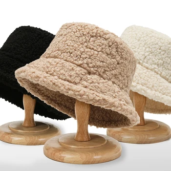 Панама от изкуствена кожа агне Зимни топли кадифени шапки за жени, дамски изолирана панама, улични рибарски шапки, шапки за момичета