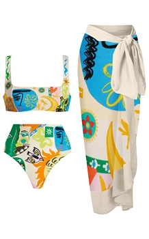 Плажна бикини с абстрактно принтом във формата на цветни блокове 2023, модерен дамски бански, лято бански, бански костюми за почивка, сексуални/са Новост