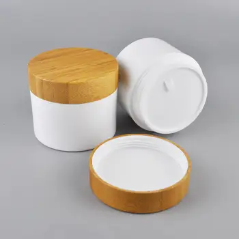 Празен контейнер за олио за тяло 10/30/50/100/250 г бял полипропилен пластмасови буркани за крем с бамбук капак, логото OEM за печат на бамбукова козметична опаковка