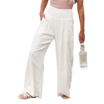 Пролет-лято за жени, 2023, нови дамски панталони, офис дамски памучни ленени джобове, обикновена свободни ежедневни бели широки и дълги панталони