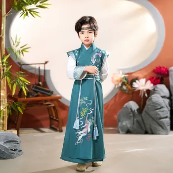 Пролетен детски дрехи с бродерия на древния зелен шаран Hanfu, облекло за сцена, костюми за cosplay в китайски стил за момчета