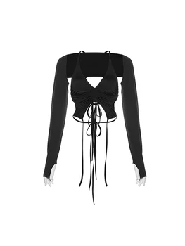 Пролетта и лятото женски жилетка на подтяжках, съкратен блузи, тениски, комплекти от две части, сексуална клубна облекло Gyaru Y2k, естетиката на Главната улица на 2000-те години