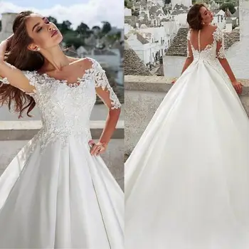 Просто атласное бална рокля със скъпоценни камъни на Сватбена рокля с кружевными апликации сватбени ризи с дълъг ръкав от атлас по поръчка