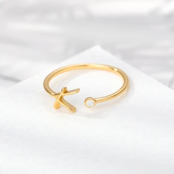 Пръстен с букви златист цвят, се задействат пръстени от неръждаема стомана, A-Z, за жени, момичета, кристално първоначалната пръстен, годежен пръстен, бижута подарък