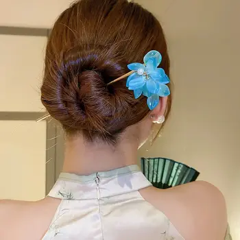 Пръчици за коса Hanfu във формата на цвете с глазура, ечемик реколта пръчки за вечерни женски прически, дизайнерски Рокли