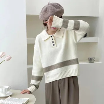 Пуловер райе с бутони Любов, женски есенно-зимния нов луксозен пуловер в западен стил, намаляване на възрастта, вътре.