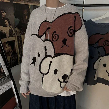 Пуловер с анимационни мечка, мъжки зимни мъжки женски модерен вязаный пуловер с дълъг ръкав, пуловер, памучно палто оверсайз 2023, новост