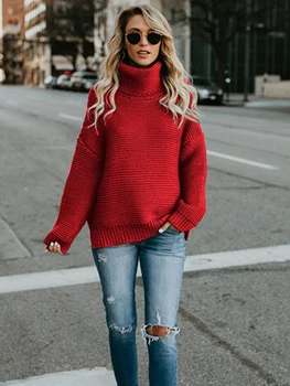 Пуловер с висока воротом, дамски дрехи, есен-зима 2022, нови възли пуловери, дебел силует, монофонични топ с дълги ръкави, градски свободно време