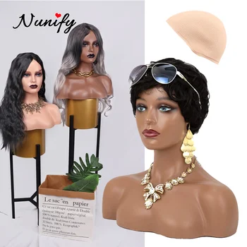 Реалистична дамски главата на манекена с рамо със силиконова капачка за демонстрация, перука, колие, обеци, шапка, тъмно-кафяви аксесоари за перука